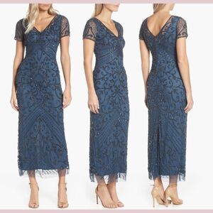 NEW $238 Pisarro Nights [SZ 4‎ ] V Neck Beaded Longline Gown in Costal Blue